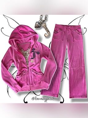VTG Y2K Juicy Couture Pink/Multicolor Velour Tracksuit Hoodie & Pants